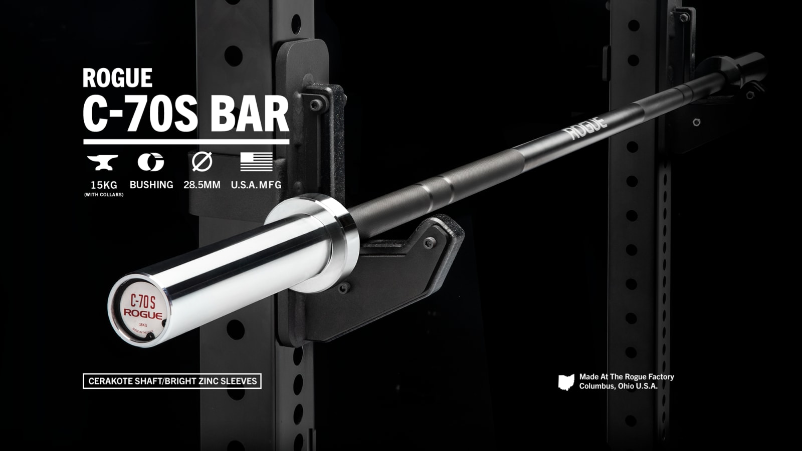 ROGUE C-70S ショートスリーブ バーベル Rogue C-70S (Black Shaft / Bright Zinc Sleeve) | Rogue Fitness Canada